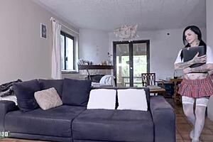 Stunning French Milf's Huge Tits Bounce in School Uniform as Terry and Matt Rough Fuck Her Sofa Slut Pussy!