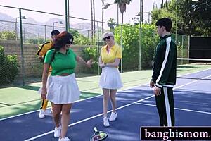 Two gorgeous milfs turn tennis into wild foursome bang!
