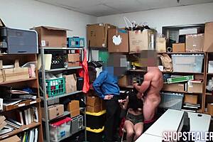 thief brunette bends over sucking cocks in hardcore threesome