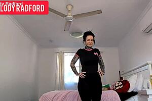 Curvy tattooed milf melody radford strips sheer leggings for solo tease