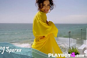 hot big tits latina milf cj sparxx strips sexy yellow outfit outdoors