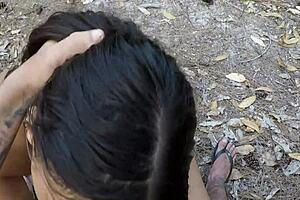 brazilian latina kneels on trail for amateur ass tits blowjob boquete action