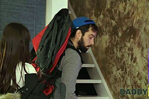 Shaved young Euro tempts older daddy with her small tits and tight pussy for sneaky cheating sex