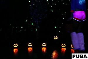 two blonde babes share intense pussy licking on halloween night