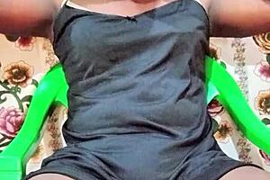 naughty black crossdresser oils up his huge cock stroking to explosive cumshot