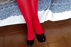 Milf's Legs Tempt in Red Pantyhose Black Heels