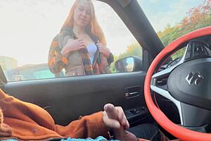 Stranger girl catches public car dick flash shows boobs helps jerk