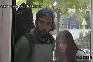 Shaved young Euro tempts older daddy with her small tits and tight pussy for sneaky cheating sex