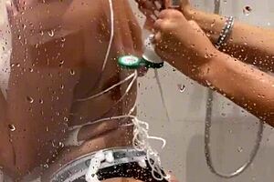 lesbian shower turns sloppy with double bj deepthroat and massive cum swap facials
