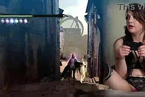 sexy gaming bimbo in pigtails vibes pussy during bayonetta play