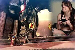 sexy gaming bimbo in pigtails vibes pussy during bayonetta play