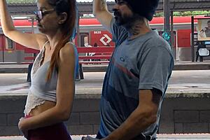 Daring couple pounds pussy fiercely in crowded public train terminal