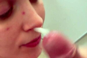 slutty whore blows cock rough then takes massive facial cumshot orgasm