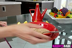 she grinds on his lap then takes doggystyle pounding from older guy