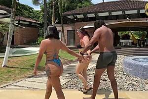 threesome bareback with big cocks and cum swapping