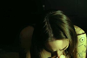 intimate close-up view of seductive oral action