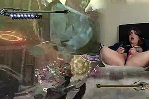 sexy gaming bimbo in pigtails vibes pussy during bayonetta play