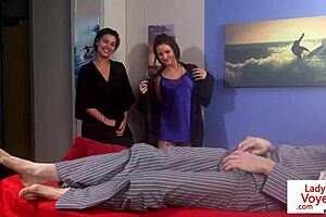 cute lingerie femdoms tease and humiliate their jerking sub guy