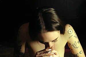 intimate close-up view of seductive oral action