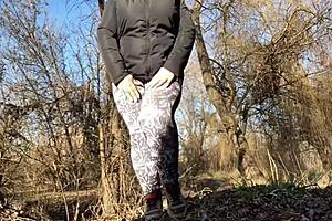 bbw mature's wet leggings pussy floods in nature's wild water world!