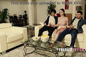 Freeuse babe fucked hard in wild threesome with spitting