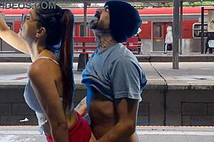 Daring couple pounds pussy fiercely in crowded public train terminal