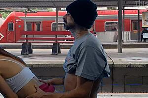 Daring couple pounds pussy fiercely in crowded public train terminal