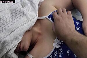 she lay on her friend's bed as he grabbed her pussy and tits then she sucked him good