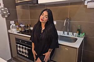 husband gets deepthroat blowjob big tits curvy latina cheers him post work