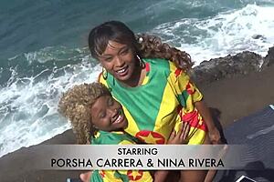 Pornstars Nina Rivera and Porsha Carrera Rip Clothes for Beach Lesbian Licking