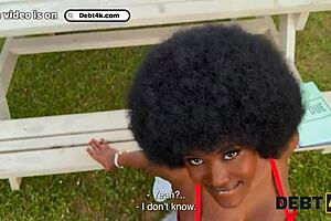 ebony babe with big pussy and tits pays debt on desk with interracial sex