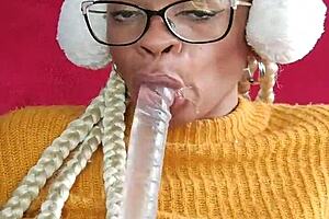 brazilian slut swallows huge dildo deep in her hairy pussy