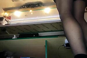 milf's big pussy lips tease from miniskirt at snowy work