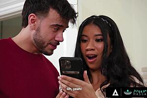 cute ebony ameena green gives nuru oiled massage turning into slippery pussy ride and cumshot