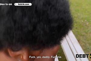 ebony babe with big pussy and tits pays debt on desk with interracial sex