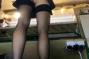 milf's big pussy lips tease from miniskirt at snowy work