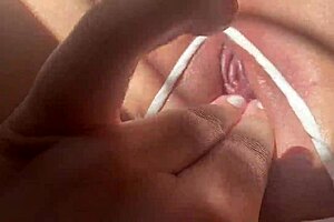 Opening my wet pink pussy wide with white thong, fingering to orgasm moans.