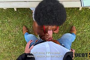 ebony babe with big pussy and tits pays debt on desk with interracial sex