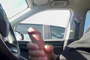 Amateur exhibitionists flash risky in public car!