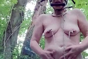 Ponygirl Slave Bent Over in Forest Takes Buttplug and Doggystyle Pounding!