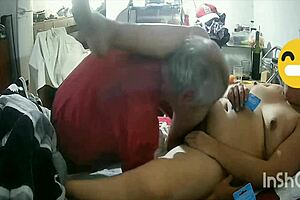 Hidden Cam Catches Skinny Latina Licking Old Man's Hairy Pussy