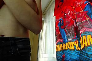 Juicy big-titted brunette strips panties teases shaved pussy walk