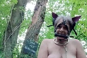 Ponygirl Slave Bent Over in Forest Takes Buttplug and Doggystyle Pounding!