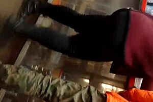 Candid retro leggings ass captured in hidden blue film