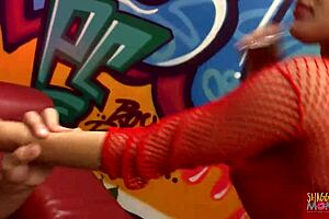 blonde babe in red fishnets rides boss cock wildly on sofa