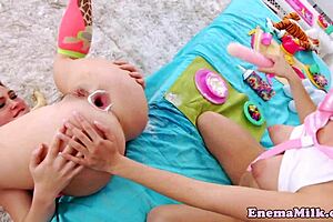 enema lesbian ass toyed to messy squirt!