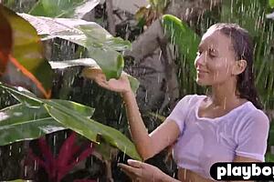 katya clover's perfect blonde milf body glistens wet outdoors as she strips teasing tits