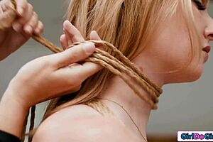 lesbian mistresses clamp petite sub's nipples & pussy lips 😈🔥 bound for lezdom fun