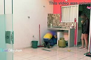 Steamy Latina milf flashes big natural tits post-shower for delivery guy