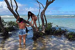 Two Stunning Brazilian Brunettes Kiss and Caress on Pristine Coral Beach Paradise